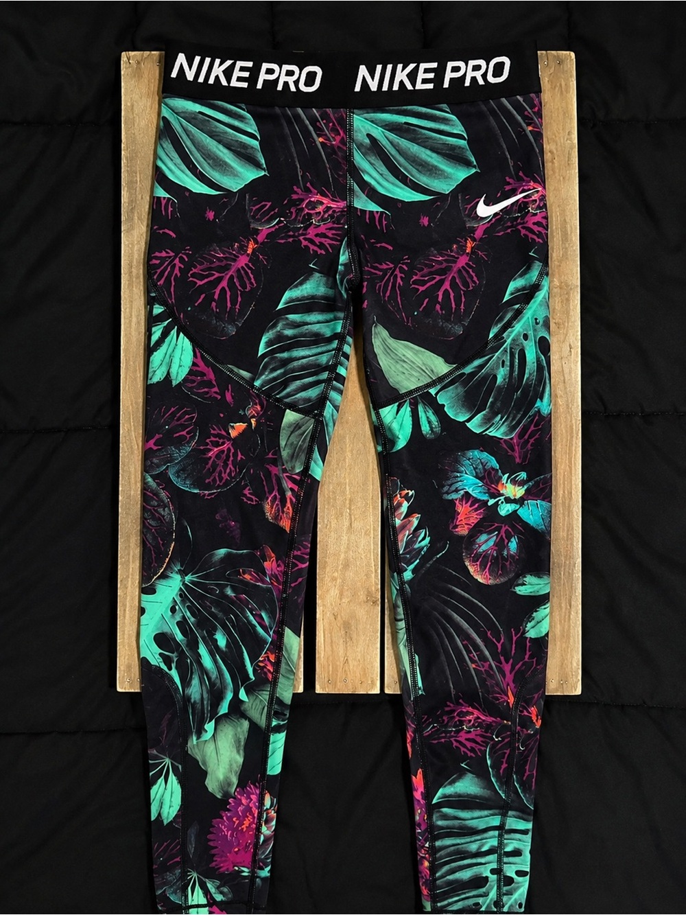 Nike Black Leggings with Teal and Magenta Tropical Leaves